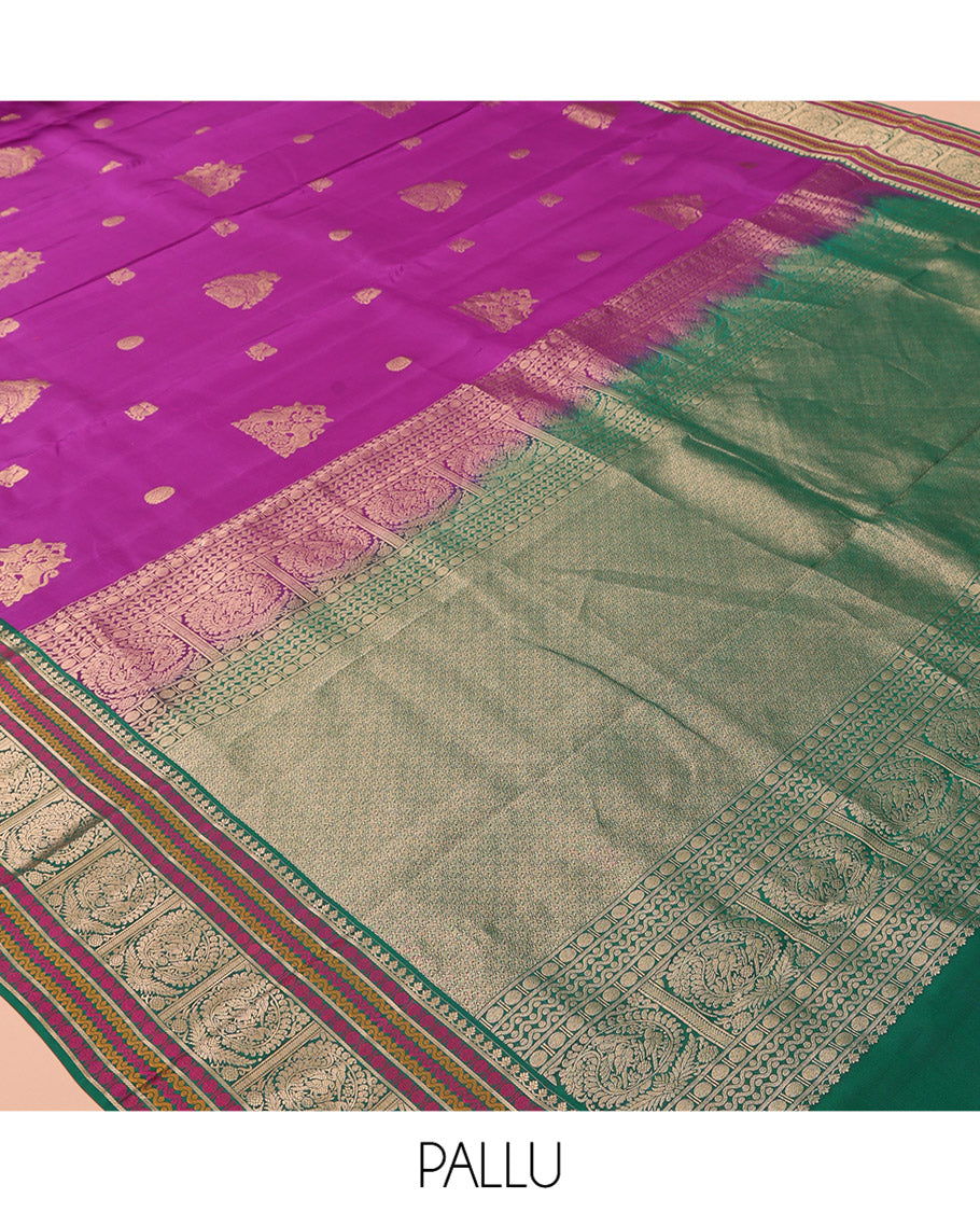 Pink Vasundhara Lite Silk Mix Saree, Majestically Detailed with Zari Buttas, a Contrast Border of Salngai, Rudraksham, Neli, and Mayil Designs, Grand Pallu, and a Contrast Blouse