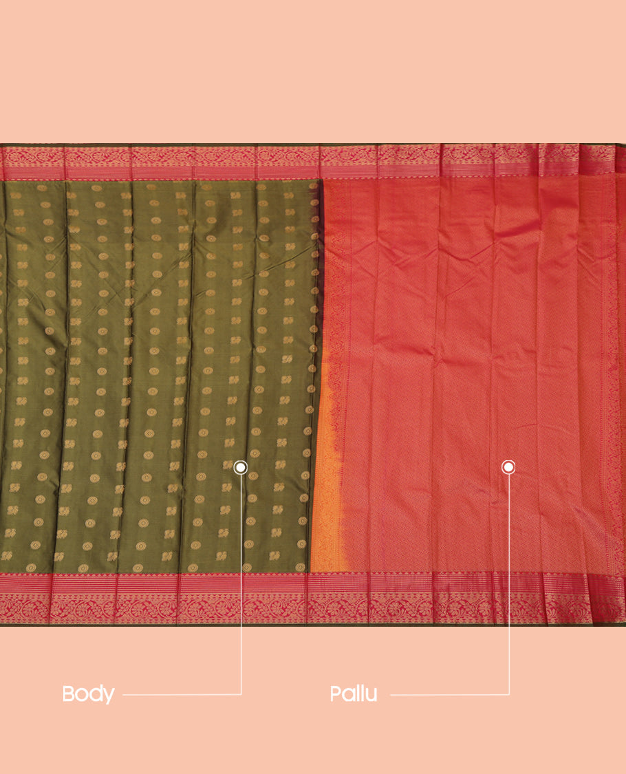 Green Budget Silk Saree, Gleamed Up with Peacock-Chakram Buttas, a Contrast Floral Creeper Border, Intricate Pallu, and a Contrast Blouse