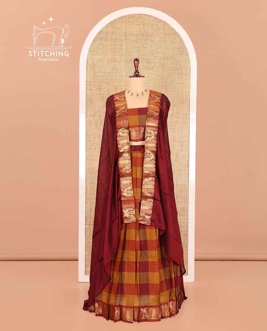 Fawn-Maroon Chettinad Cotton Half Saree Features Checked Skirt, Peacock Traditional Border, Matching Blouse, Contrast Dhavani