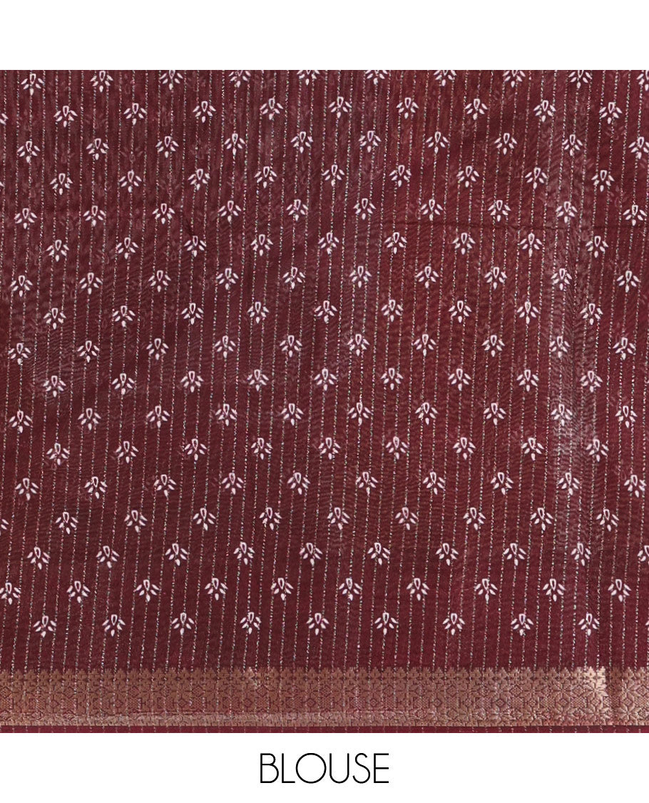 Onion pink zari striped & floral printed dola silk saree,contrast zari design border,floral-paisley print pallu, printed-zari-work blouse