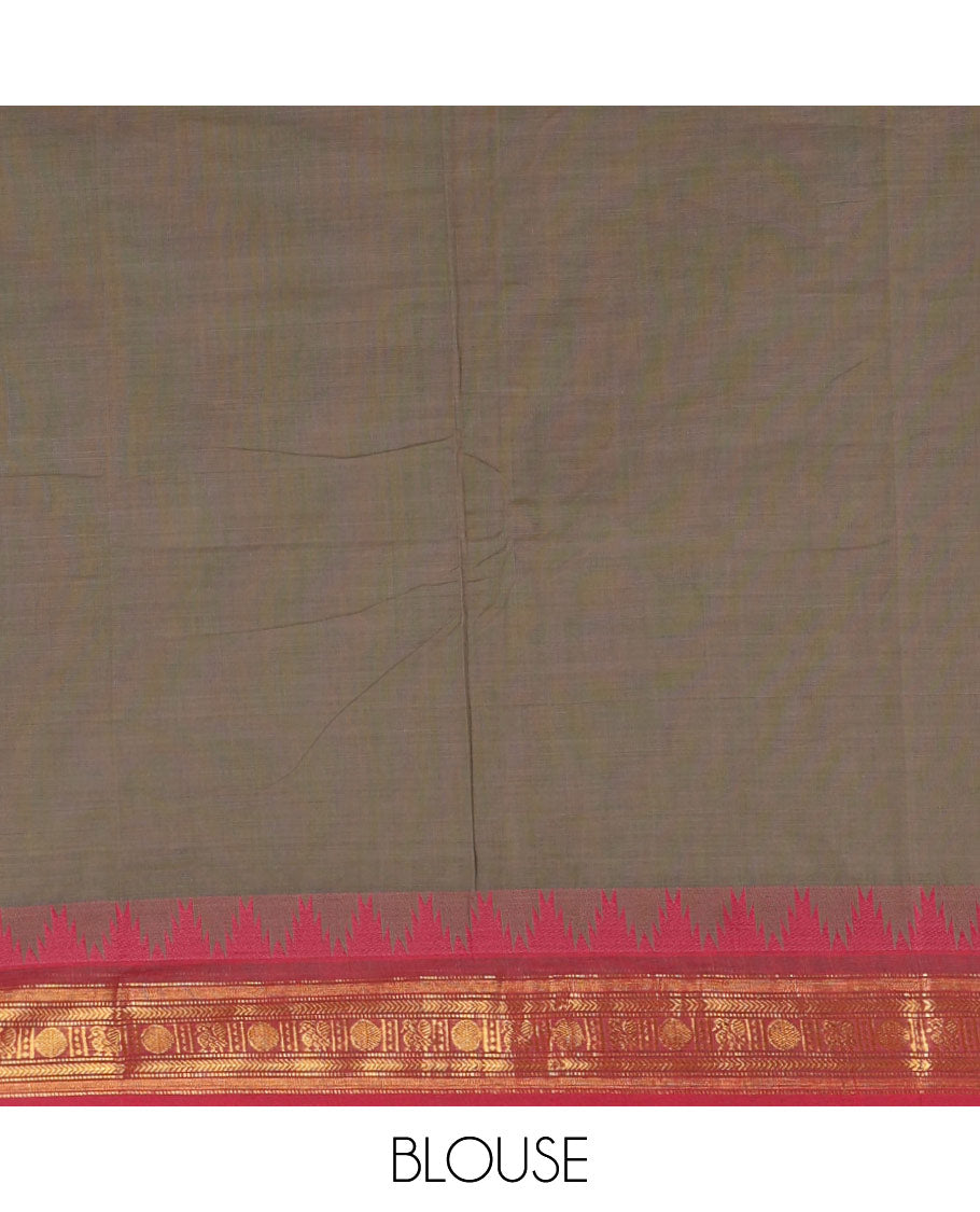 Grey zari buttas Chettinad cotton saree, contrast Ganga Jamuna temple traditional zari border, striped pallu & matching blouse