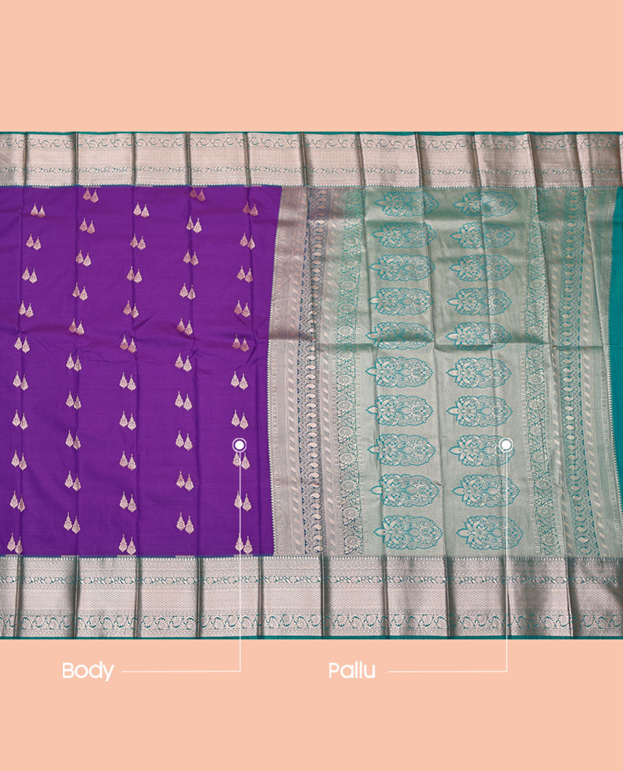 Violet Budget Silk Saree, Highlighted by Zari Buttas, Complemented by a Contrast Traditional Zari Border, Intricately Designed Pallu, and a Contrast Blouse