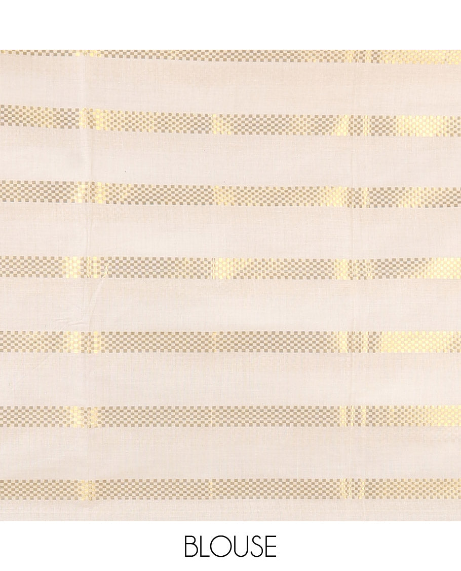 Borderless cream and olive green horizontal muthu zari striped Kerala cotton saree, self-pallu with tassels, and a matching blouse