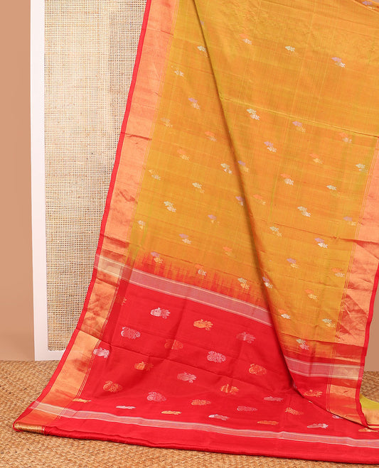 Mustard floral motifs uppada saree with contrast zari design border & striped, floral design pallu