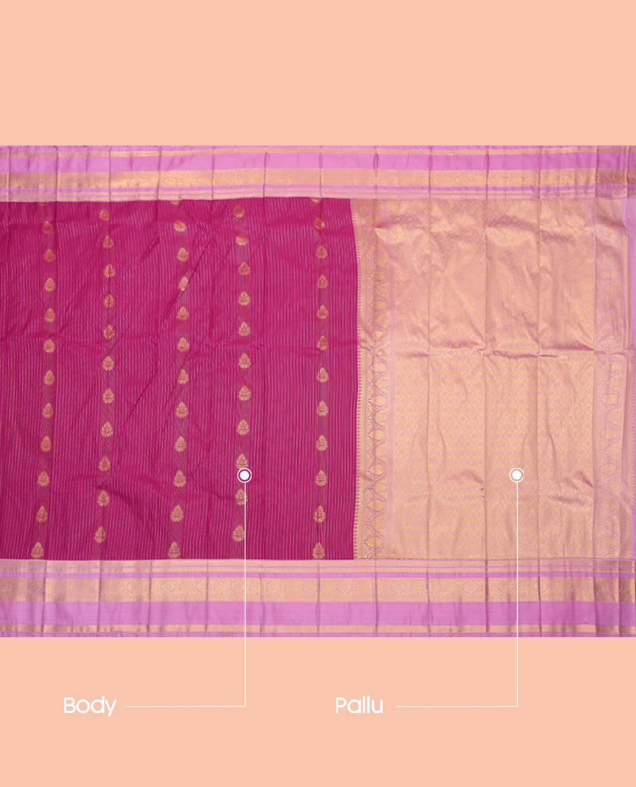 Purple Budget Silk Saree, Detailed with Zari Buttas and Stripes, Complemented by Contrast Traditional Rettai Pettu Border, a Jaal Pallu and a Contrast Blouse