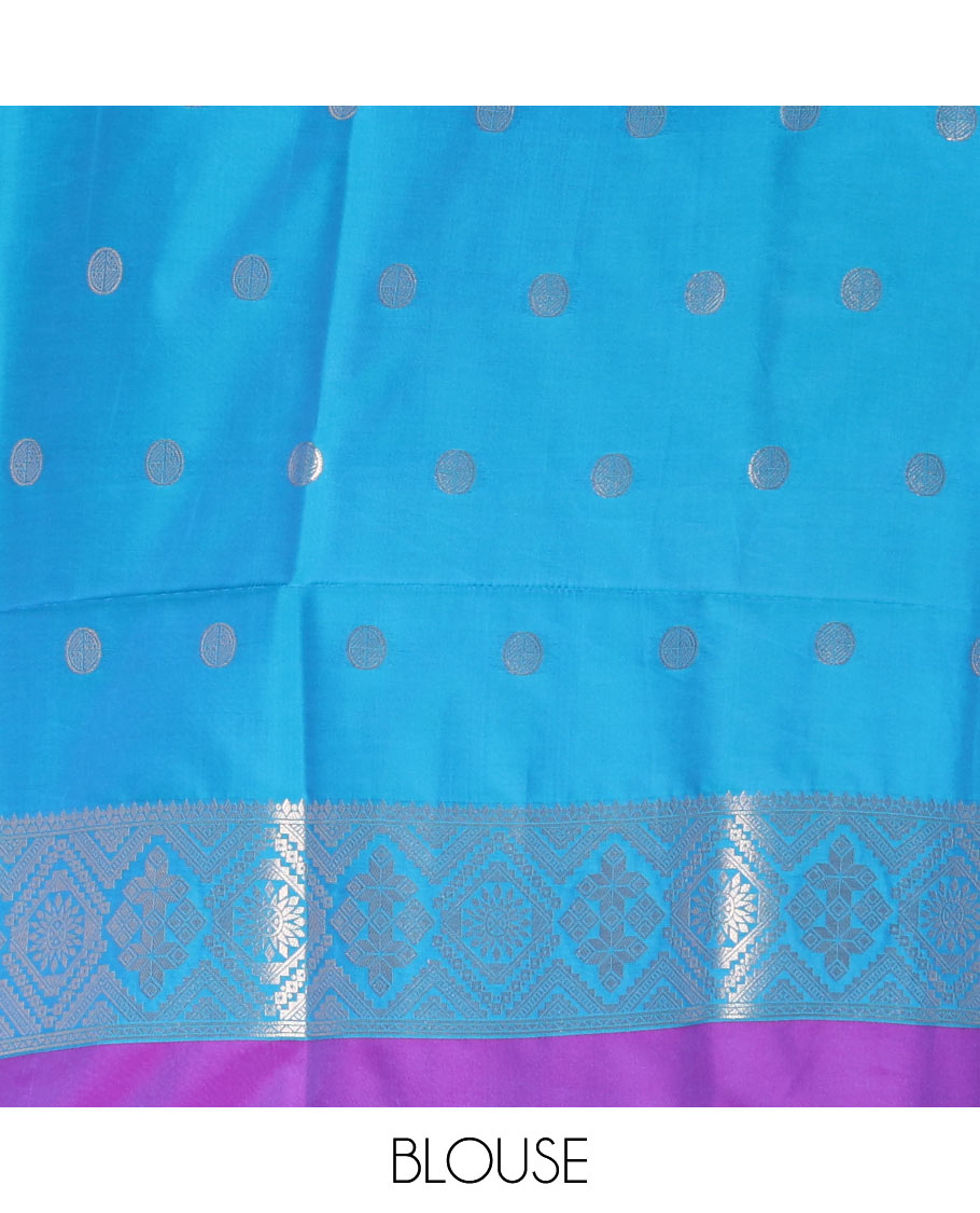 Violet striped and zari buttas Mulberry silk saree, contrast temple zari buttas border, intricate pallu, and contrast zari design blouse