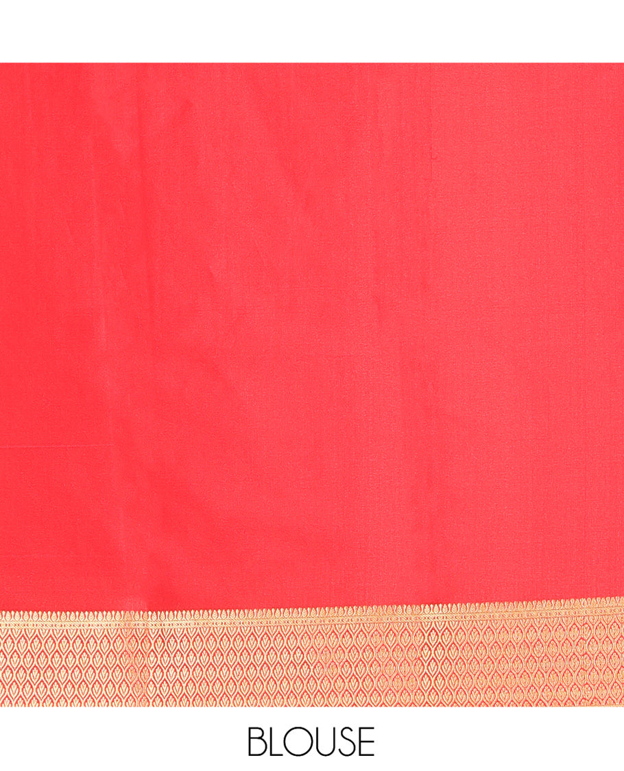 Red Mysore Silk Saree, Detailed with Zari Buttas and Stripes, Highlighted by a Traditional Zari Border, Grand Pallu, and a Matching Blouse