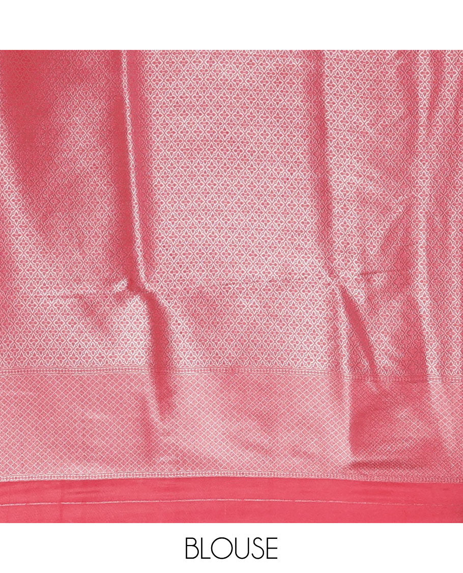 Pink floral & elephant jacquard softy saree, diamond design zari border, intricate pallu & matching jacquard blouse