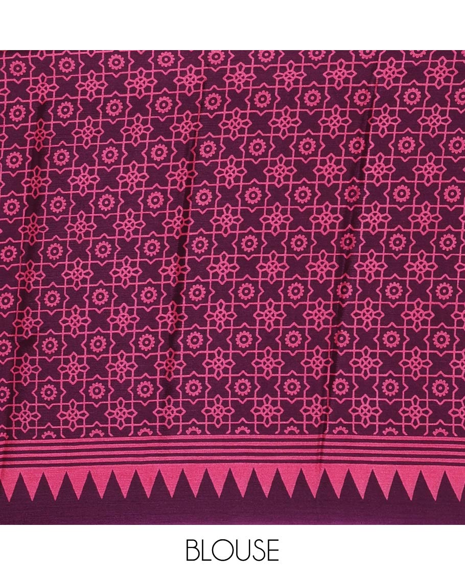 Purple vertical stripes printed Turkey crepe saree, temple printed border, geometric printed pallu & Ajrakh-printed blouse