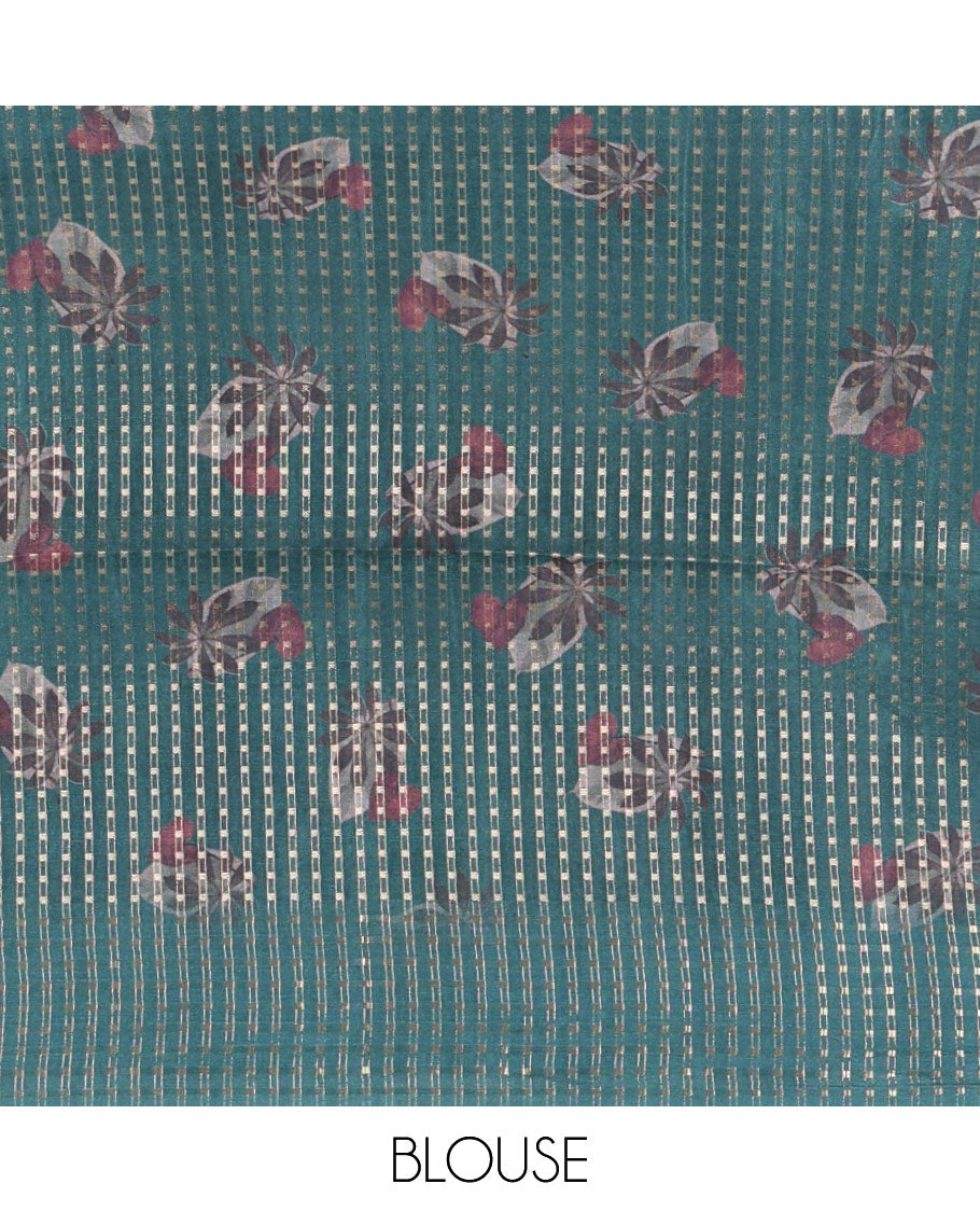 Blue floral-leaf eco-digital printed fancy tussar saree, zari border, pallu of dobby-style buttas & matching blouse of print & zari work