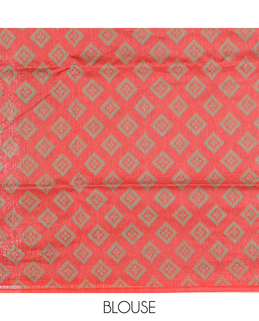 Borderless pink geometric-patterned buttas kota cotton saree, jaal-patterned pallu & matching jaal-patterned blouse