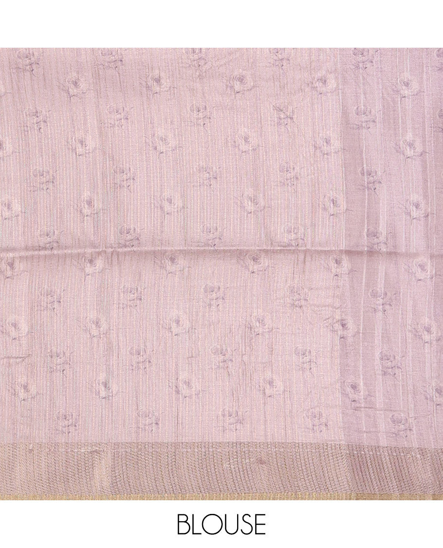 Light lavender floral-leaf printed fancy tussar silk saree, zari woven border & zari striped pallu & matching stripes & floral printed blouse