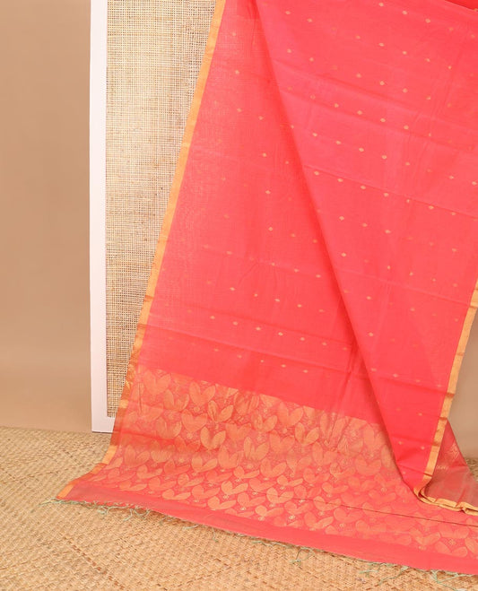 Peach geometric design silk cotton saree with self zari border & intricate zari design pallu