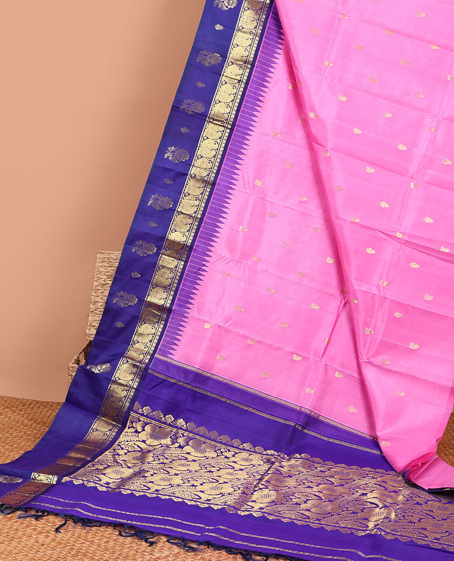 Pink leaf buttas kancheepuram silk saree with contrast border of thilkam mokku, banaras , mayil designs & zari design pallu