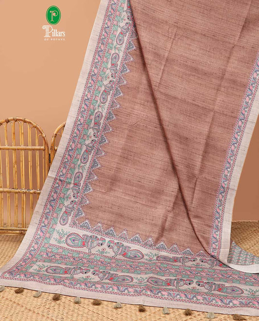 Brown plain semi tussar saree with mudhubani printed border & madhu bani printed pallu, with tussels, small flower printed blouse