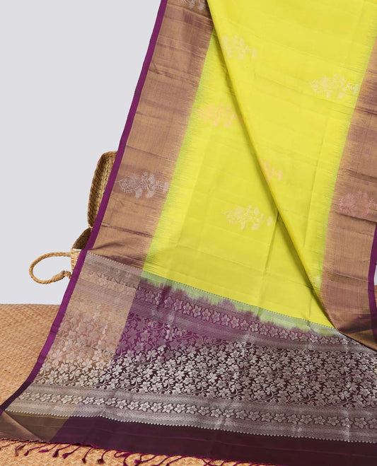 Green floral butta soft silk saree with contrast floral border & floral jacquard pallu