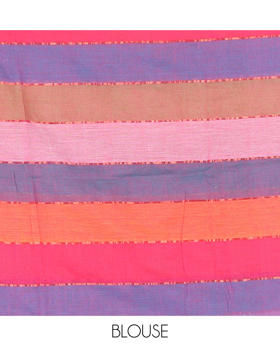 Purple rainbow-style striped Khadi mul cotton saree with piping zari border, and a matching zari striped blouse