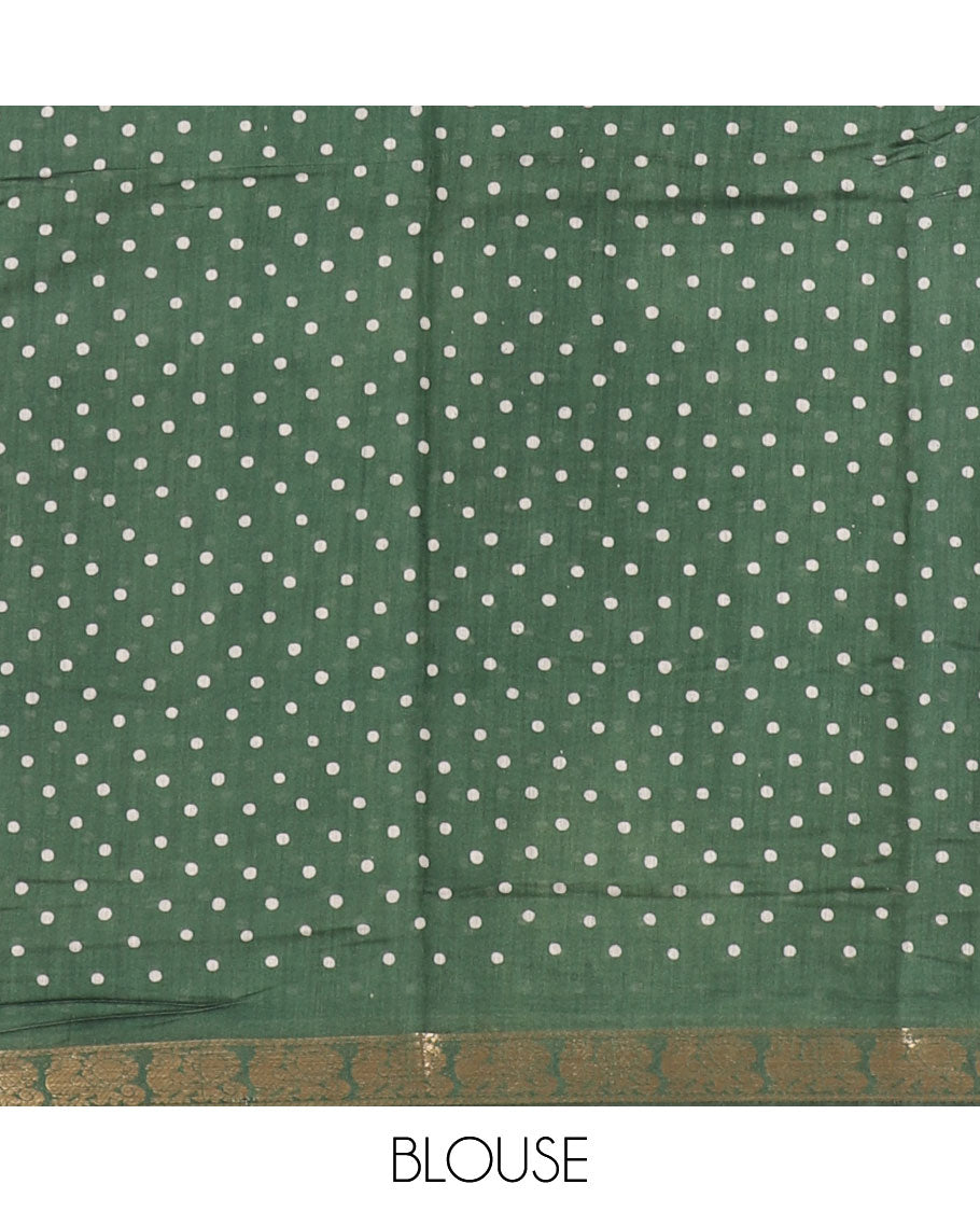 Mehendi green shibori printed muslin cotton saree, contrast peacock zari border, village scenery printed pallu, and a contrast polka dotted zari border blouse