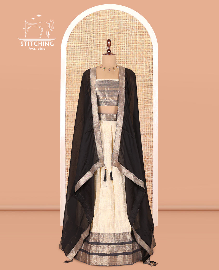 Cream-Black Semi-Silk Half-Saree