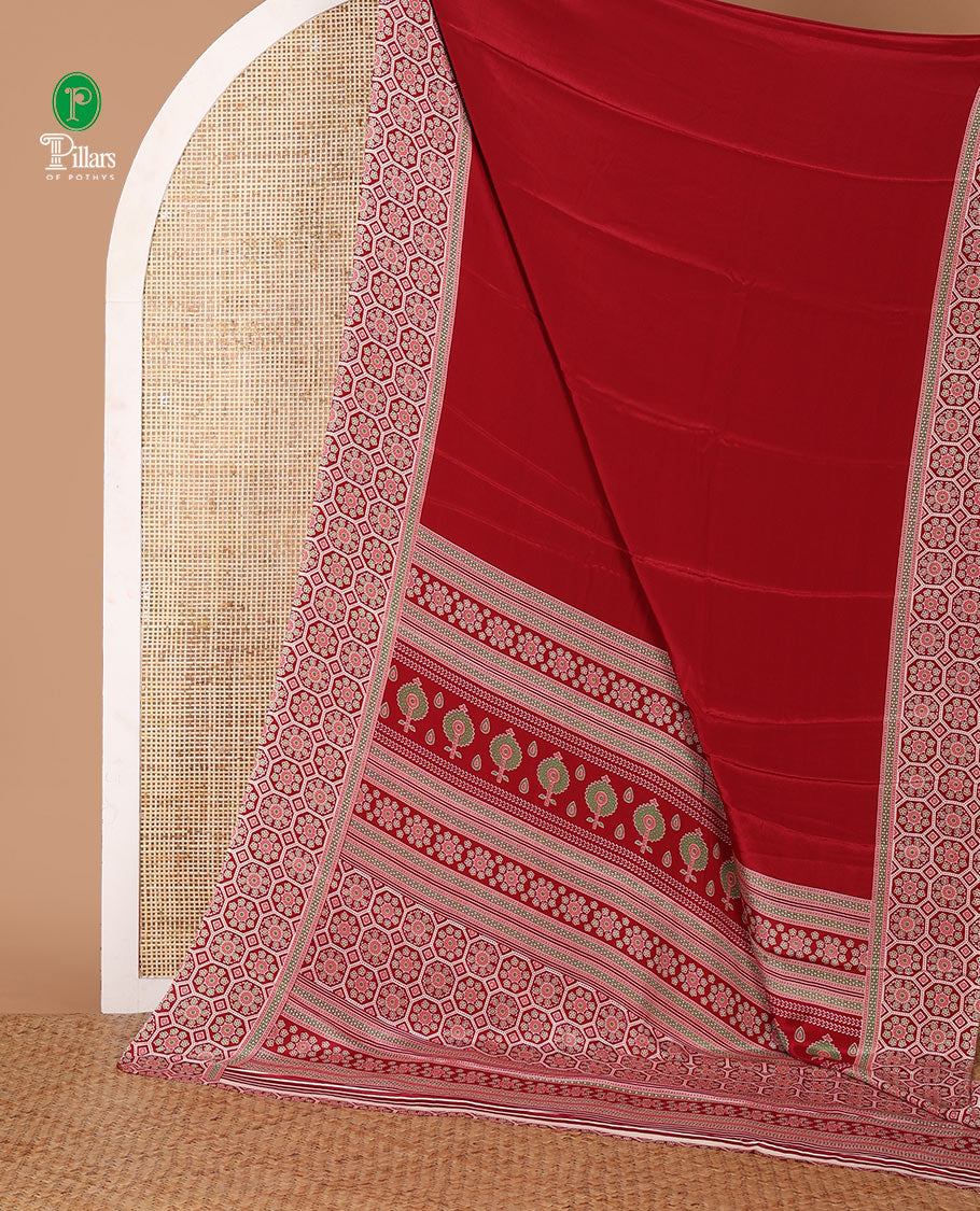 Purple plain modal satin saree, double-sided border & pallu intricately printed ajrakh-style design, ajrakh printed blouse