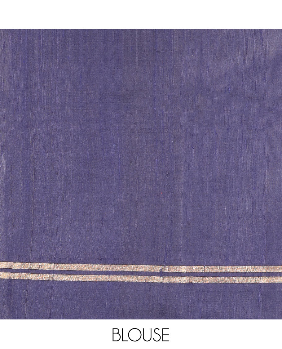 Navy Blue Dupion Silk Saree, Detailed with Dobby-Style Buttas All Over Its Body, Zari Striped Border, Pallu of Floral Jaal Design, and Paired with a Matching Blouse