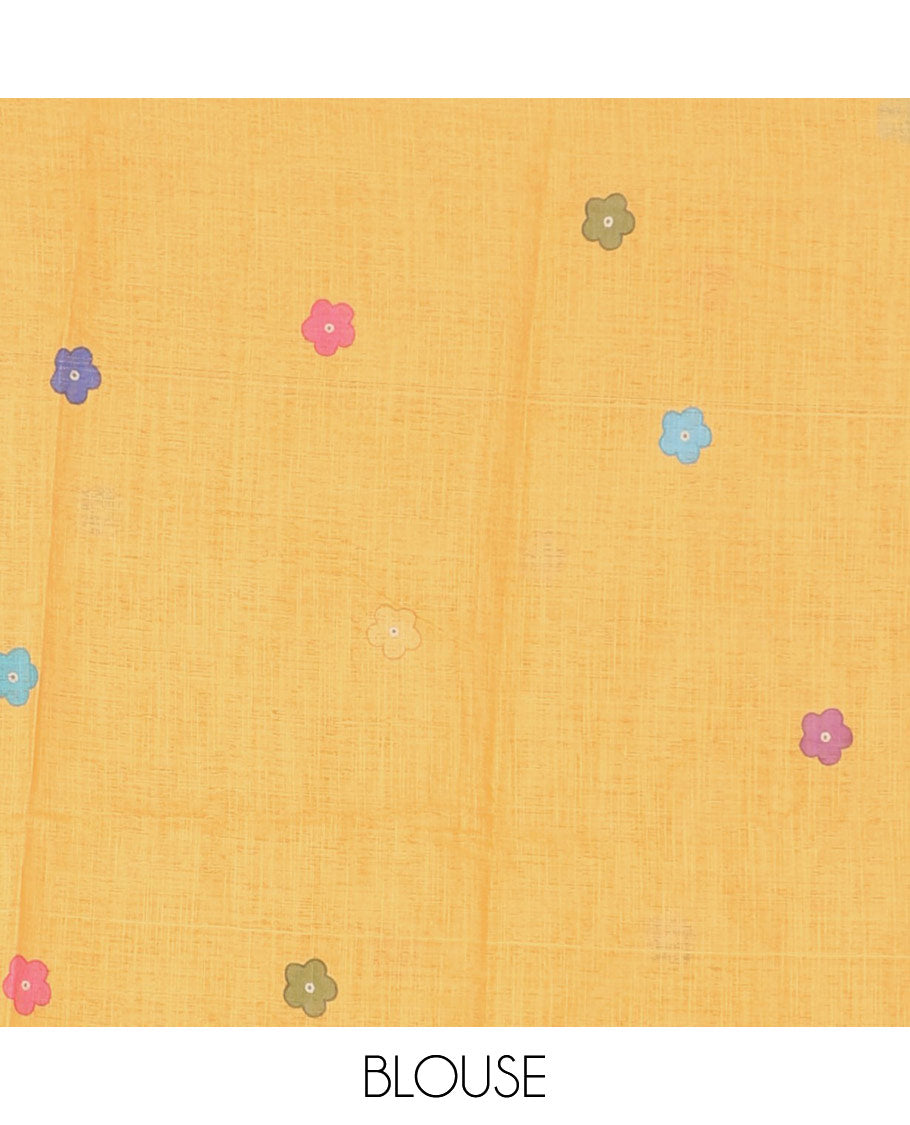 Borderless White colorful five-petal flower motifs printed linen cotton saree, multi-color striped pallu, and contrast printed blouse