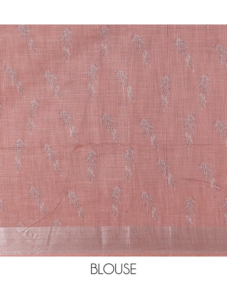 Onion pink tropical floral printed Linen cotton saree, bavanji border, tropical floral printed, and leaf motifs printed blouse