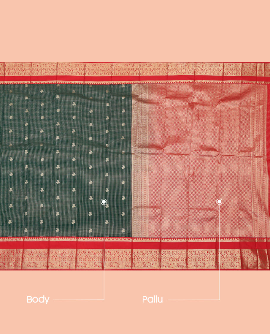 Bottle Green Zari Butta and Checks Budget Silk Saree