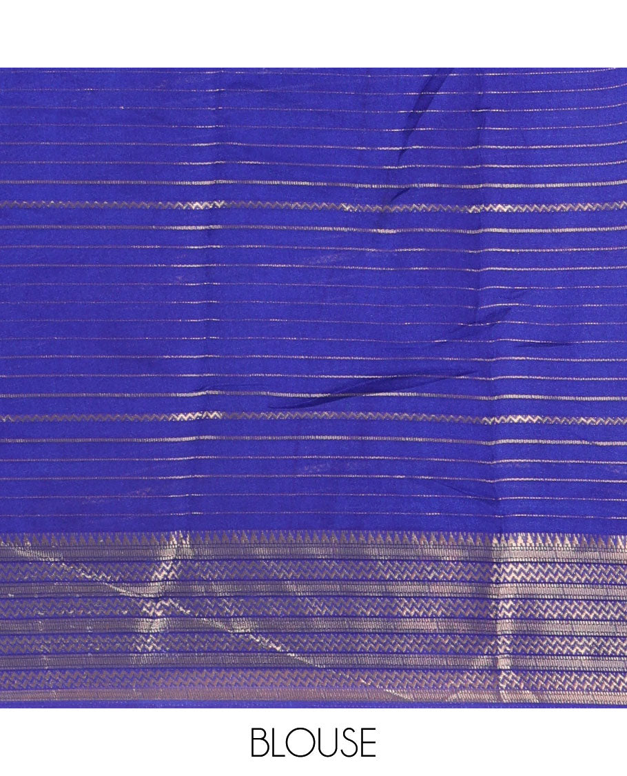 Rama horizontal zari striped moss chiffon saree, contrast traditional zari border, striped pallu, and a contrast zari design blouse