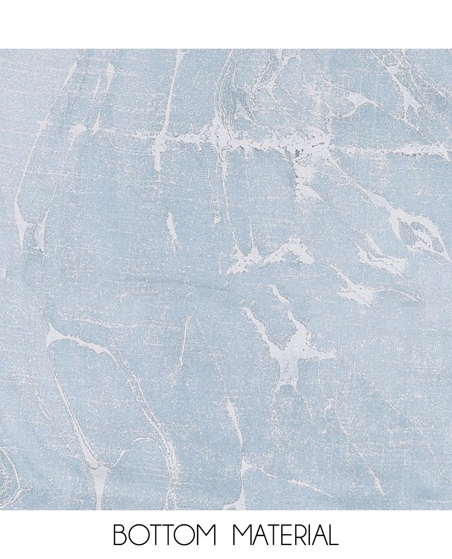 Blue semi-jute cotton material churidar set, abstract marble print top, abstract marble print bottom, and abstract marble print dupatta