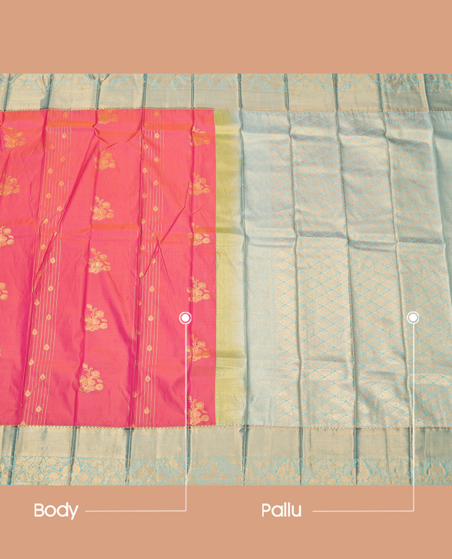Pink Budget Silk Saree, Accentuated with Zari Buttas, Complemented by a Contrast Traditional Zari Border, Jaal Pallu, and a Contrast Blouse