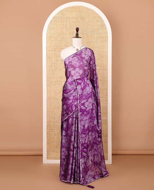 Purple floral design digital printed Barbie doll chiffon saree, jarkan stone work border, and printed blouse