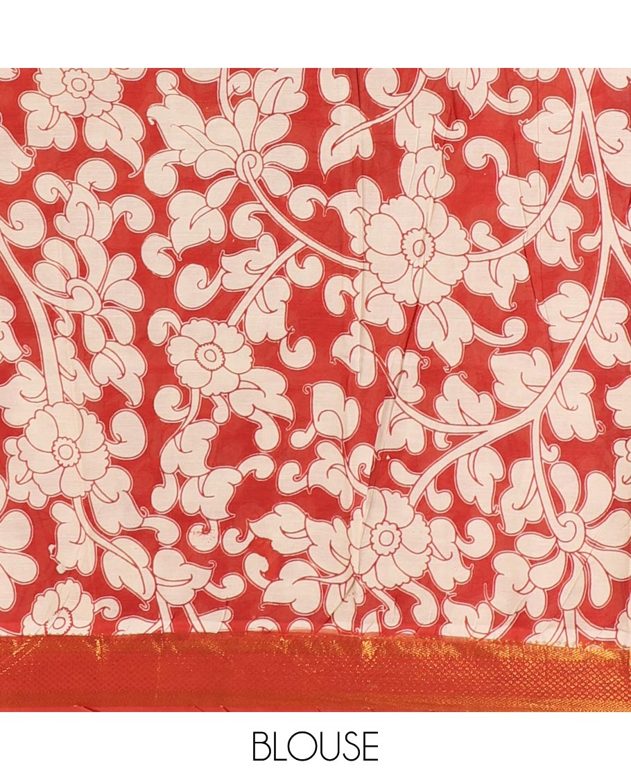 Maroon Pichwai cow, elephant, and Vinayagar motifs enclosed checked printed Mangalagiri cotton saree with contrast traditional zari borders, kalamkari printed pallu, and a floral vine printed blouse