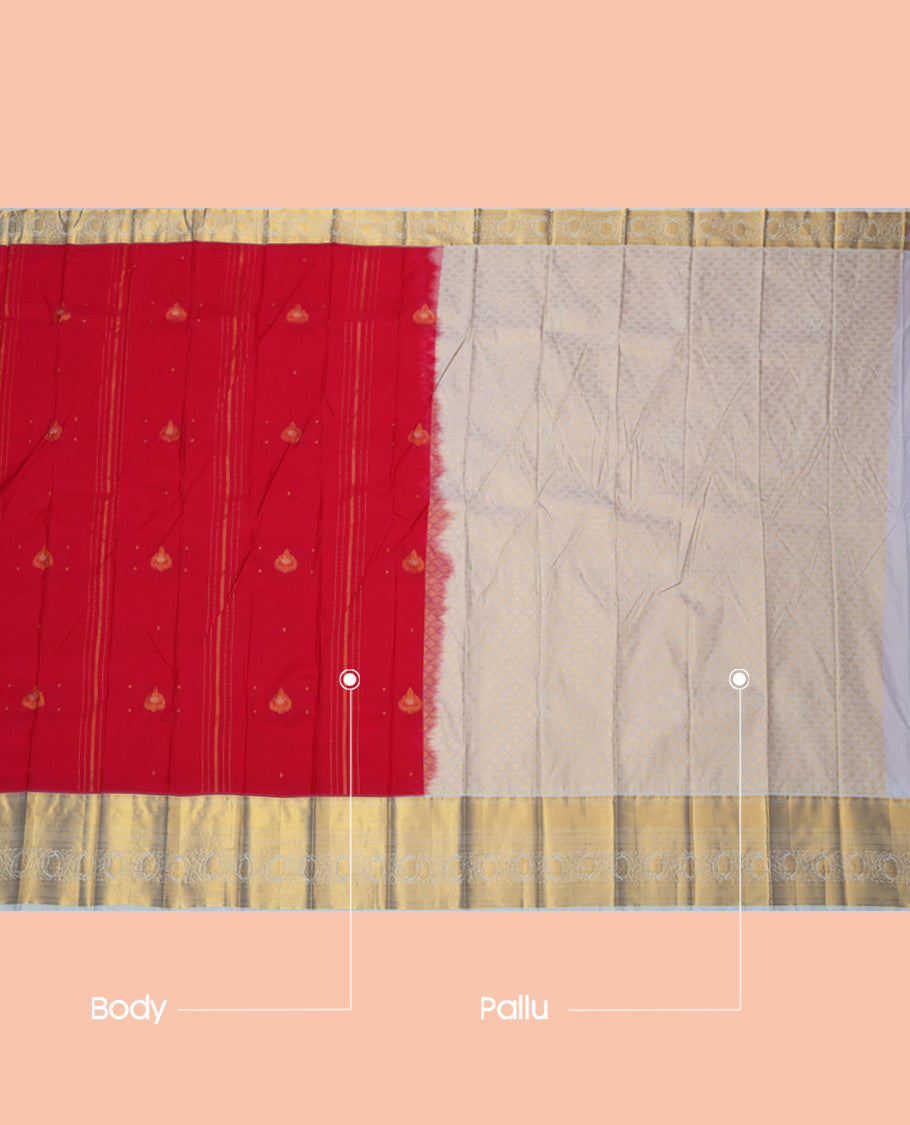Red Budget Silk Saree, Accentuated with Zari Buttas and Stripes, a Contrast Traditional Zari Border, Grand Pallu, and a Contrast Blouse