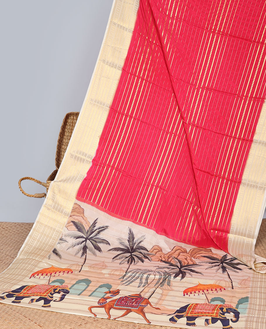 Red striped design art mysore silk saree with striped zari border & Rajasthan theme design pallu