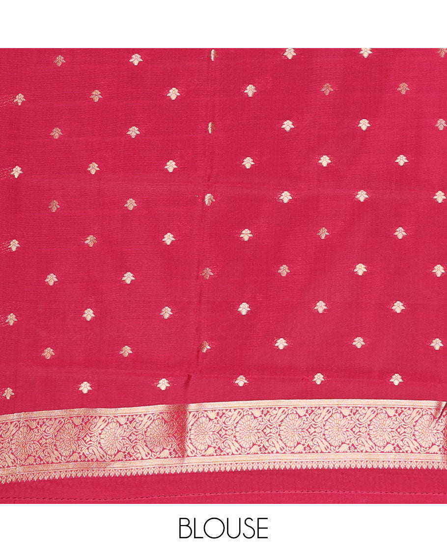 Borderless pink floral and elephant buttas zari woven kanchi silk saree, intricate pallu, and matching zari design blouse
