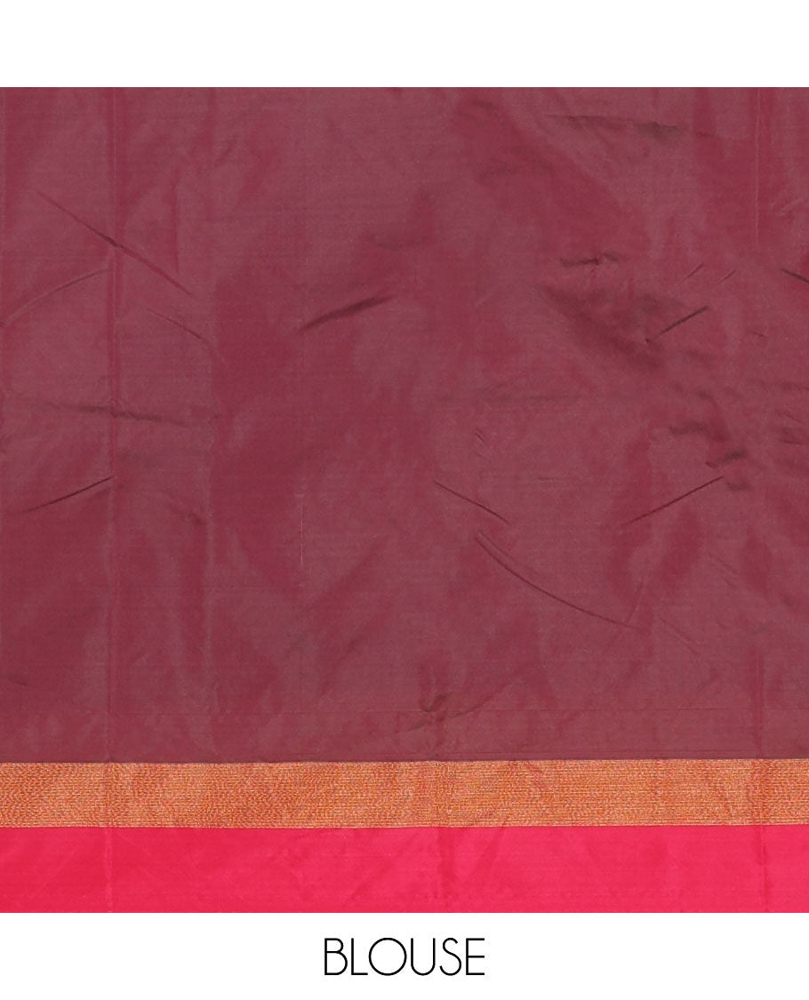 Bottle green full-plain semi-soft saree, contrast satin border of zari stripes, striped pallu & contrast plain blouse