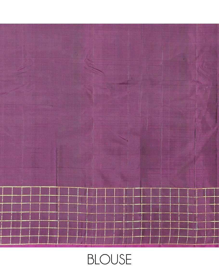 Purple checked, floral kancheepuram silk saree with contrast striped border & striped ,floral design pallu