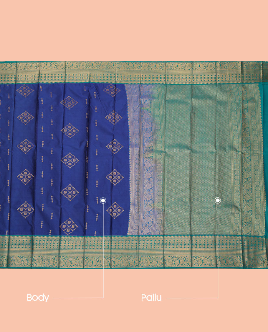 Blue Budget Silk Saree, Enthralled with Zari Buttas, a Contrast Traditional Zari Border, Grand Pallu, and a Contrast Blouse