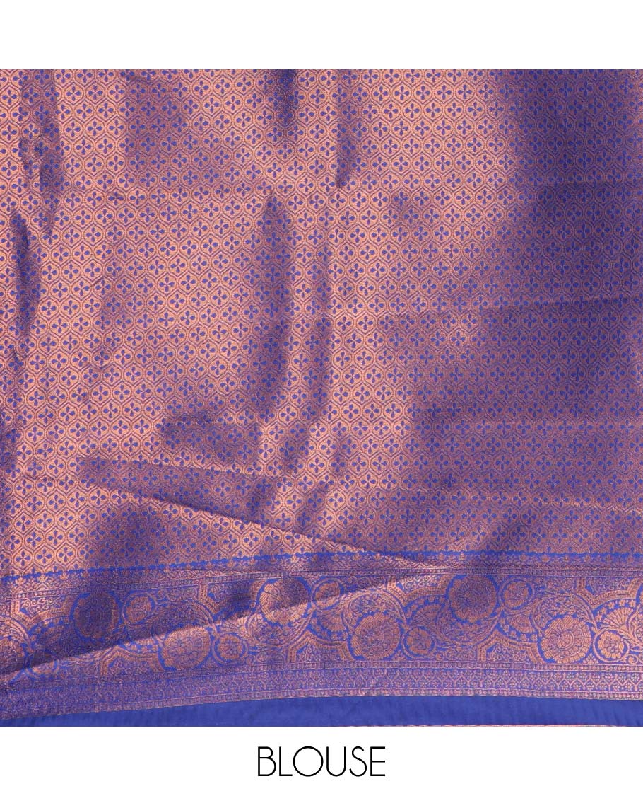Borderless lavender-blue zari buttas & half-&-half vanasingari-style flora-fauna woven kanchi silksaree,self-pallu & blue blouse of zari brocade