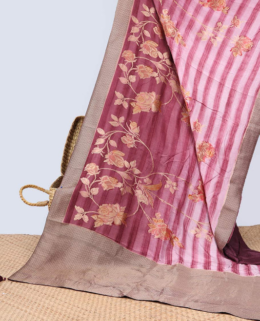 Maroon striped with floral semi-banaras dola silk saree with contrast zari border & pallu of argyle border