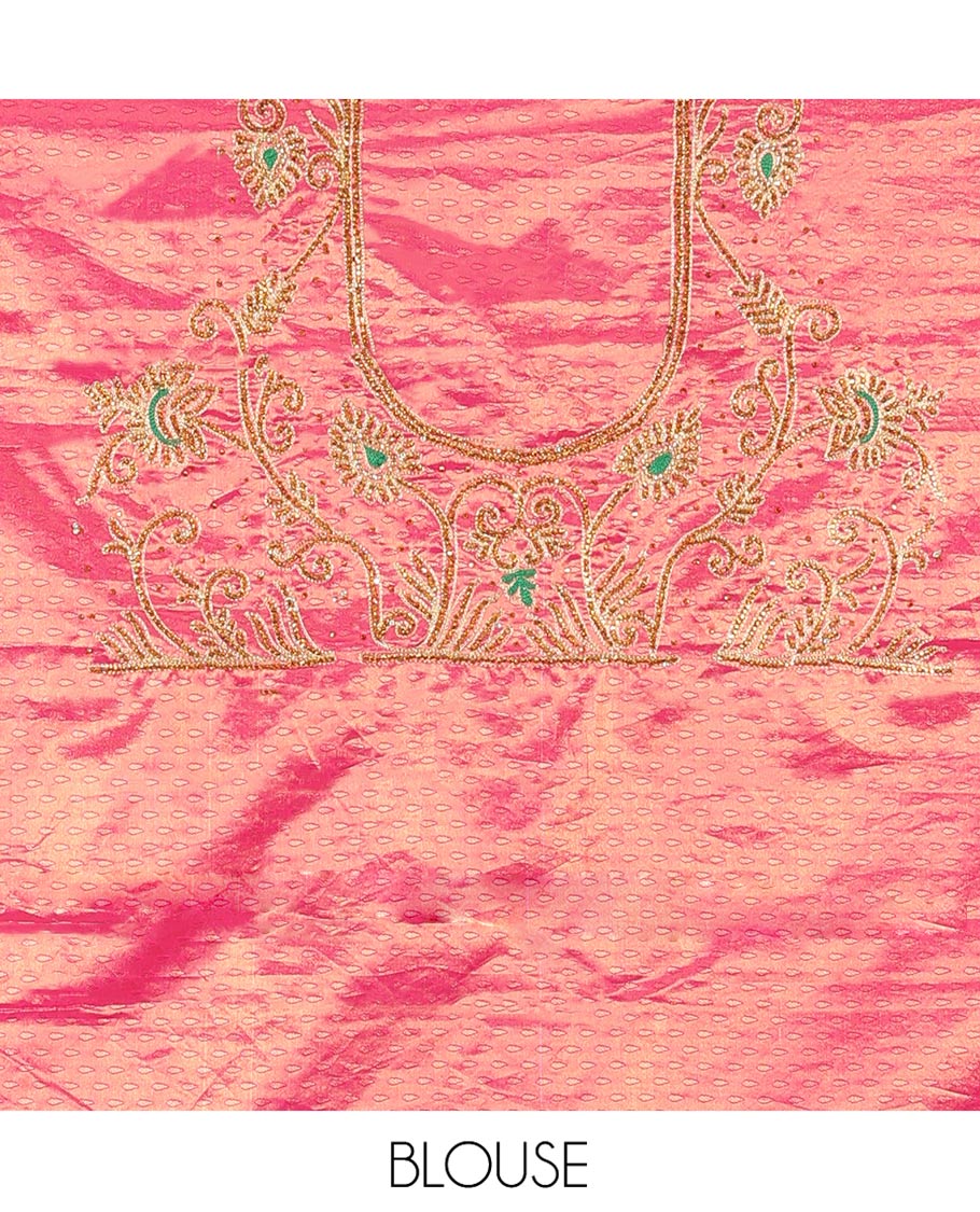 Yellow Vastrakala Silk Saree, Highlighted with Jacquard and Embroidery Work, Complemented by Contrast Zari and Cut Embroidered Border, Gleaming Floral Jaal Stone Work Pallu, and Paired with Contrast Heavy Embroidered Blouse