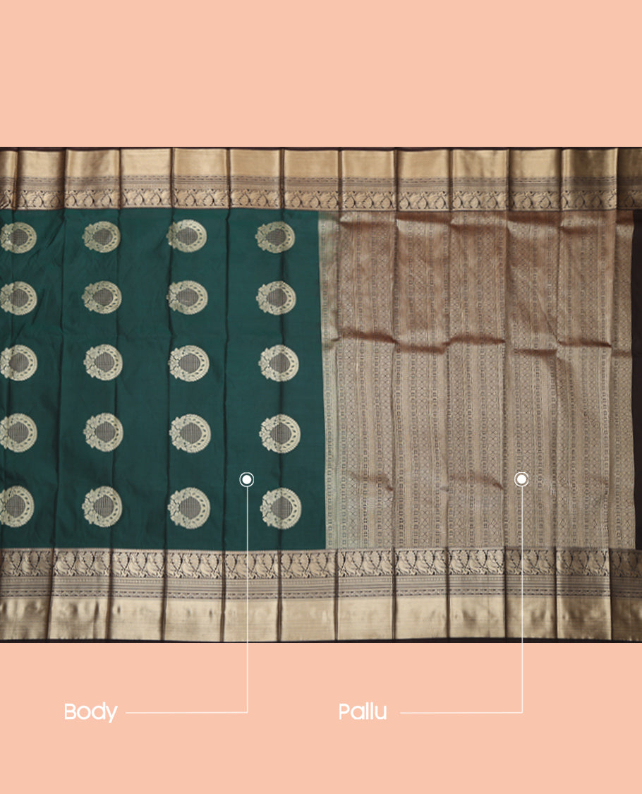 Green Budget Silk Saree, Showcasing with Floral-Circular Buttas, a Contrast Traditional Peacock Zari Border, a Grand Pallu and a Contrast Blouse