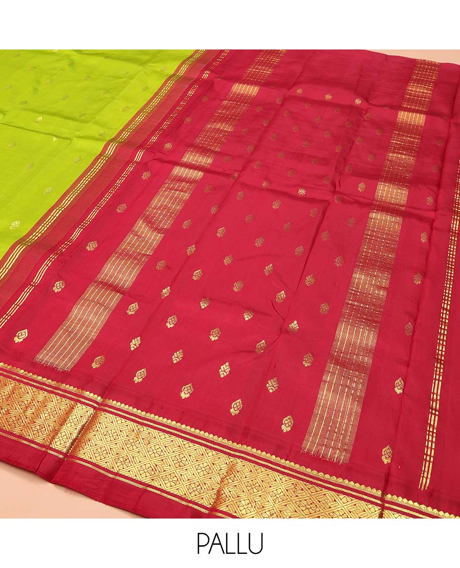 Green Kanchipuram Silk Saree, Beautified with Zari Buttas on Its Body, Complemented by a Contrast One-Sided Korvai Border of Banaras, and Jaal Designs, Pallu of Zari Designs, and Comes Without a Blouse