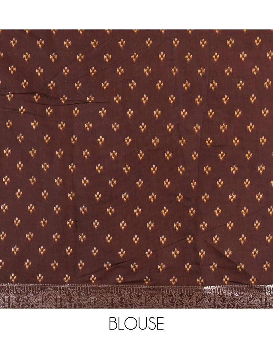 Mustard plain muslin cotton saree, contrast wedding-theme of floral and elephant motifs print, printed pallu, and a contrast buttas and zari bordered blouse