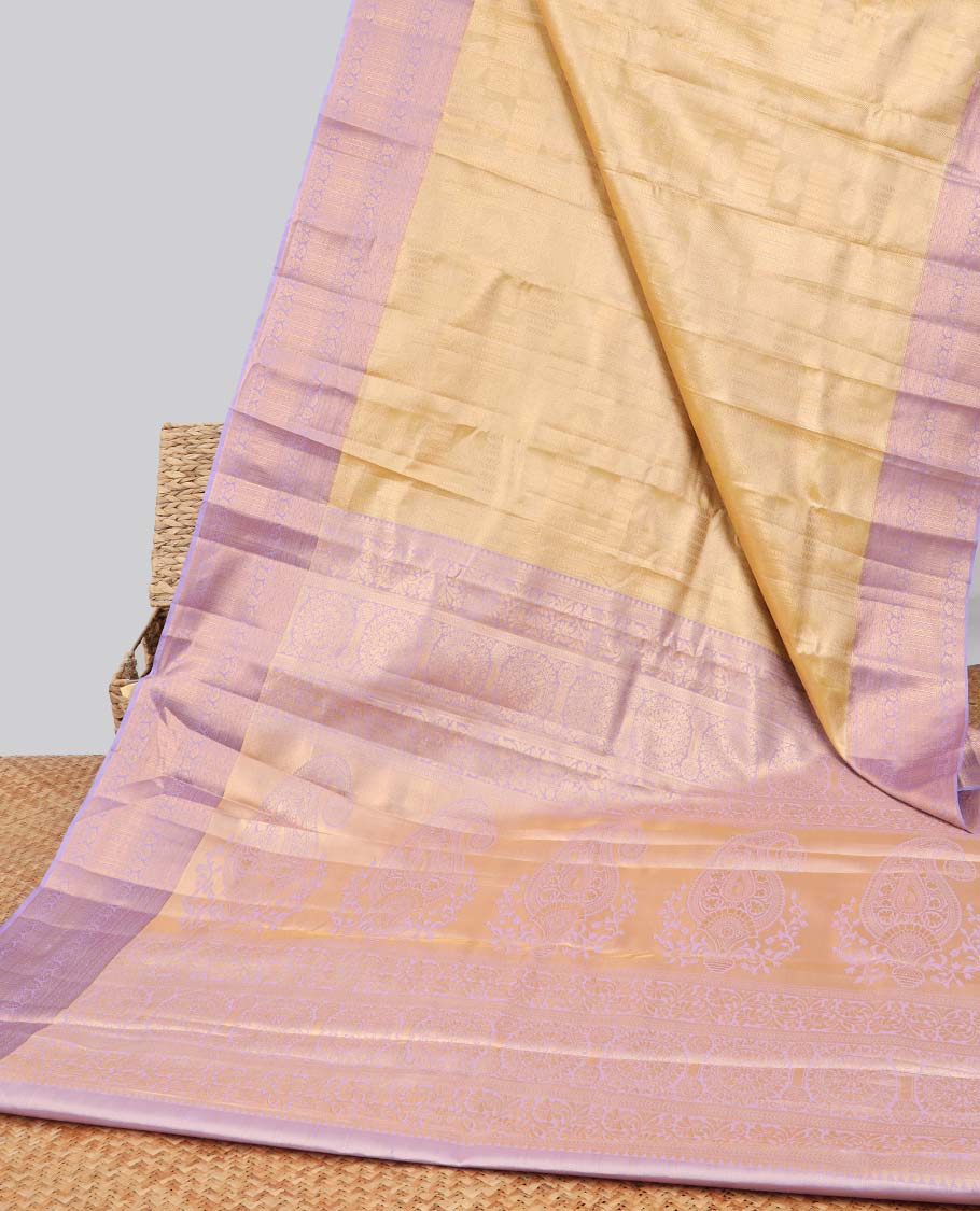 Mustard floral jacquard budget silk saree with contrast floral zari border & pallu of floral zari design