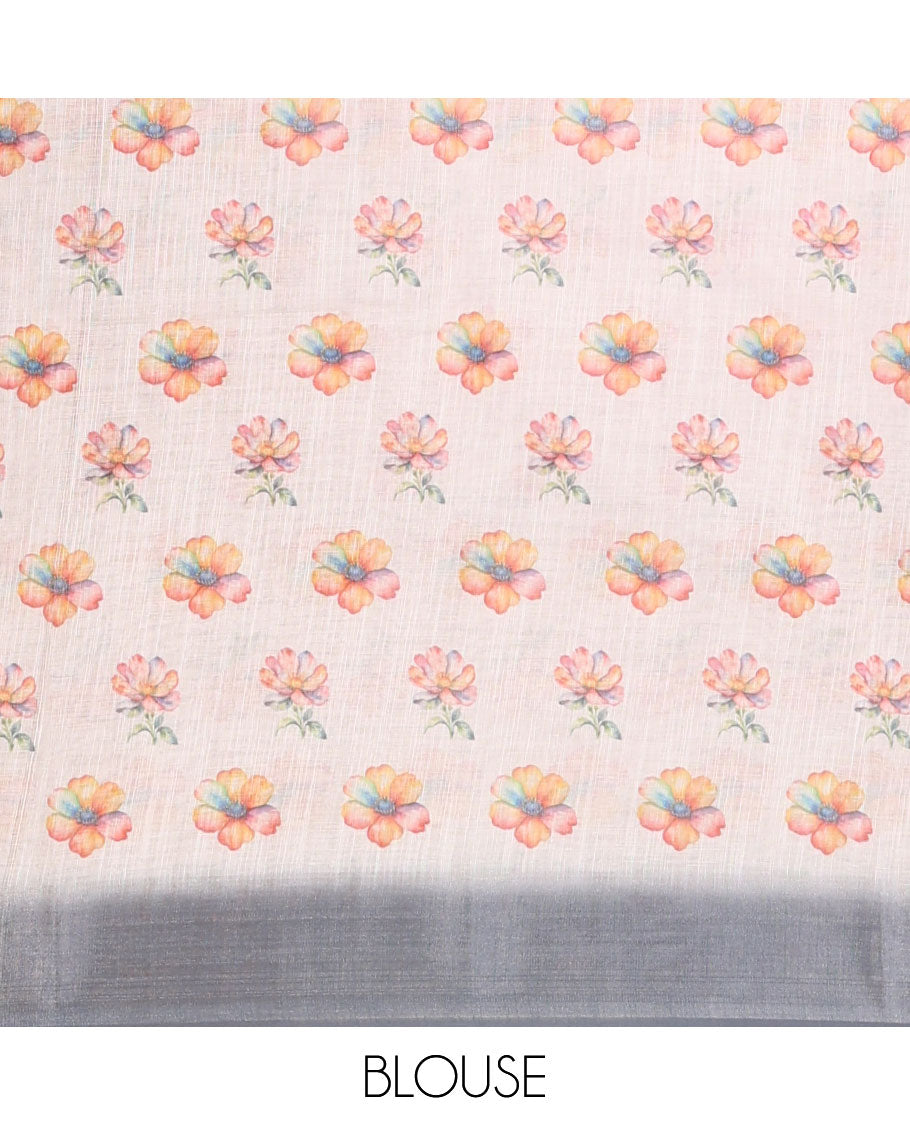 Cream-grey floral & sparrow printed linen saree, contrast zari border & floral motifs printed blouse