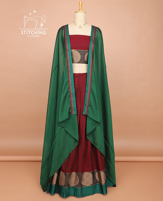 Marooncotton half saree with contrast floral design border, floral design blouse & plain, checked design border dhavani