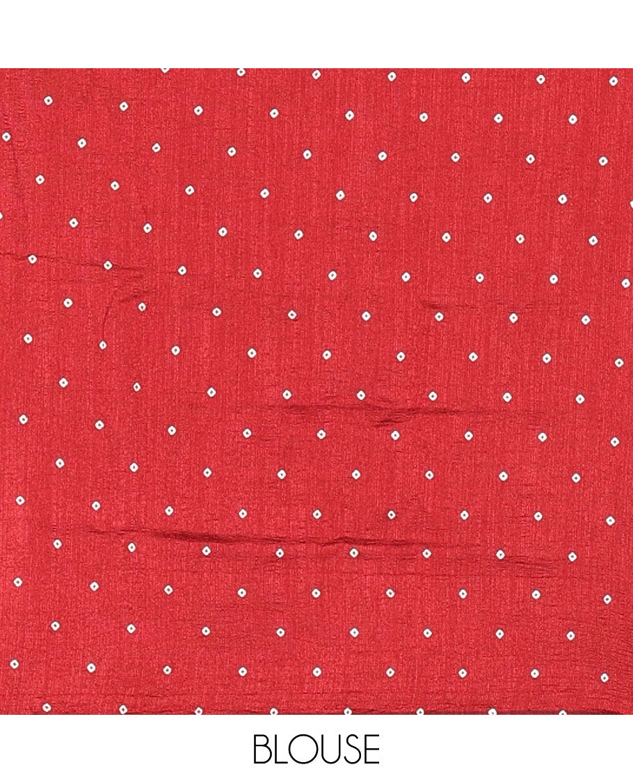 Borderless maroon zig-zag stripes gold foil printed, scallop-edged rangoli chiffon saree with a matching bandhani dotted blouse