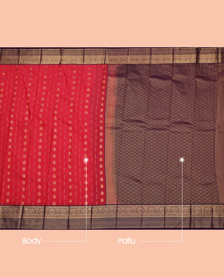 Red Budget Silk Saree, Woven with Zari Buttas All Over Its Body, Complemented by a Contrast Traditional Zari Border, Grand Jaal Pallu, and Paired with a Contrast Blouse